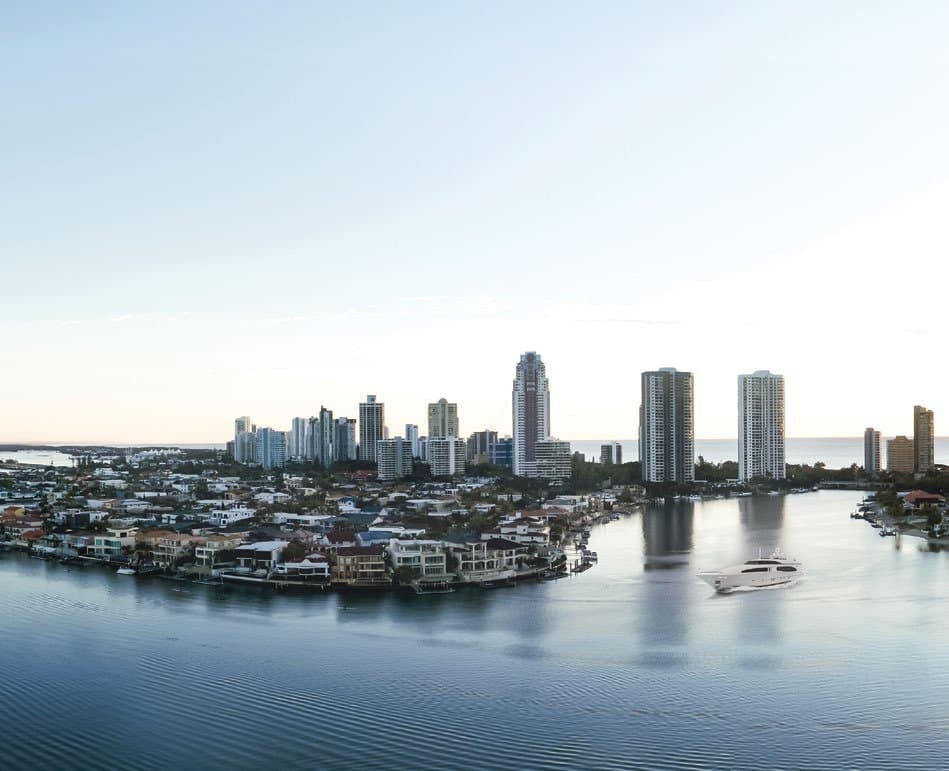 Aerial view of Chevron Island, the Nerang River, and the Surfers Paradise skyline