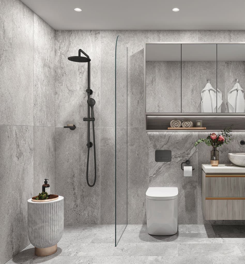 Bathroom with stone benchtop, timber joinery and gunmetal fixtures