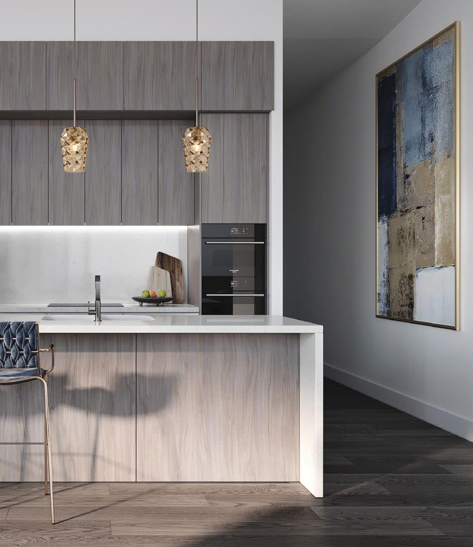 Kitchen with stone island bench, pendant lighting and integrated appliances