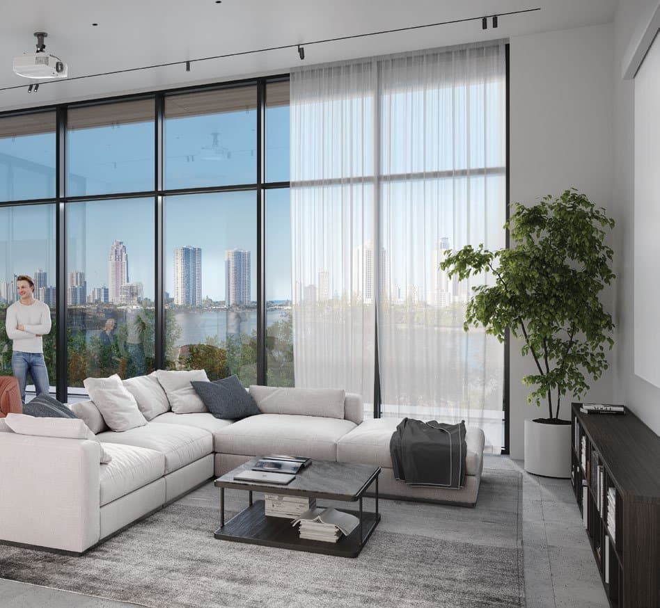 Open-plan living room with floor-to-ceiling glazing