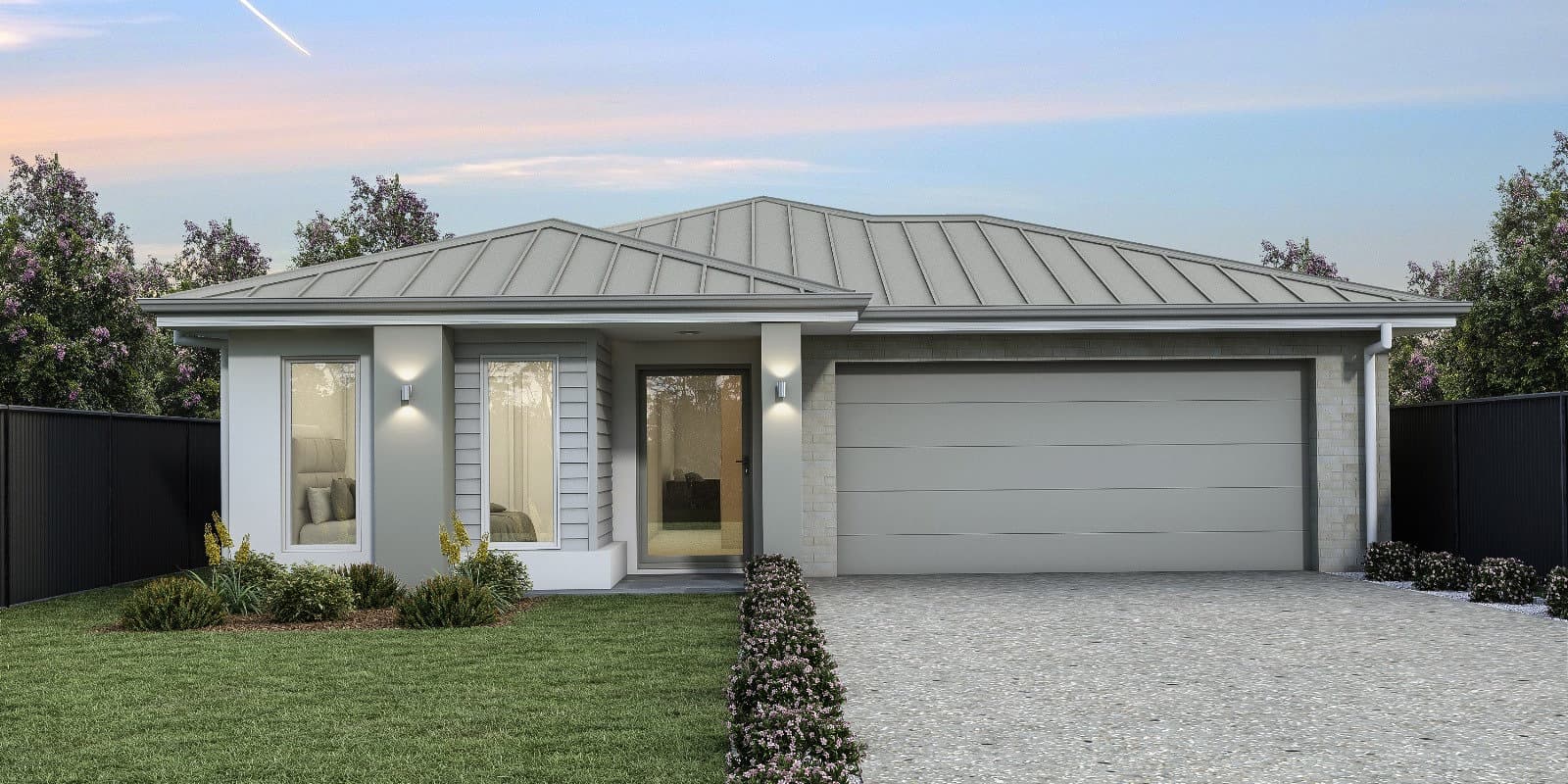 Rendered single-storey facade at dusk